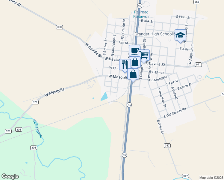 map of restaurants, bars, coffee shops, grocery stores, and more near 503 South Guadalupe Street in Granger