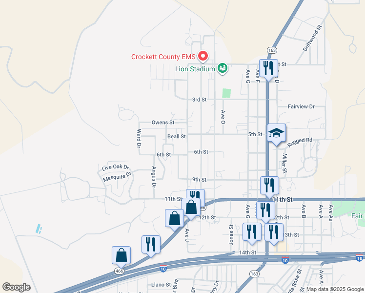 map of restaurants, bars, coffee shops, grocery stores, and more near 507 Oak Ridge in Ozona