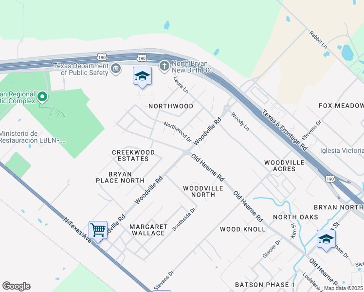 map of restaurants, bars, coffee shops, grocery stores, and more near 4404 Old Hearne Road in Bryan