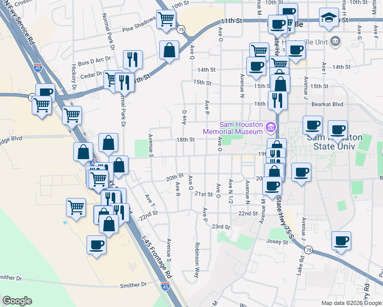 map of restaurants, bars, coffee shops, grocery stores, and more near 1902 Avenue Q in Huntsville
