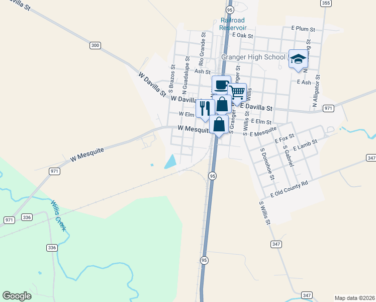 map of restaurants, bars, coffee shops, grocery stores, and more near 503 South Guadalupe Street in Granger