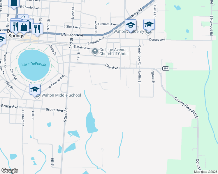 map of restaurants, bars, coffee shops, grocery stores, and more near 349 Meadowbrook Lane in DeFuniak Springs