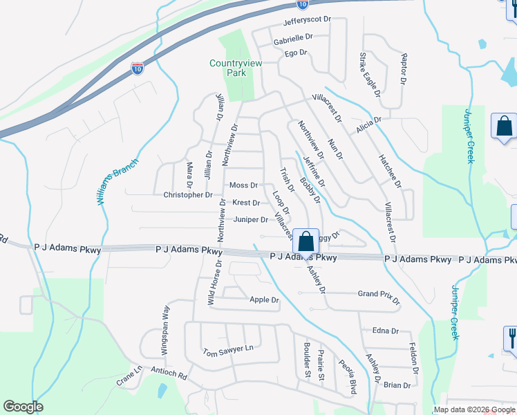 map of restaurants, bars, coffee shops, grocery stores, and more near 408 Juniper Drive in Crestview
