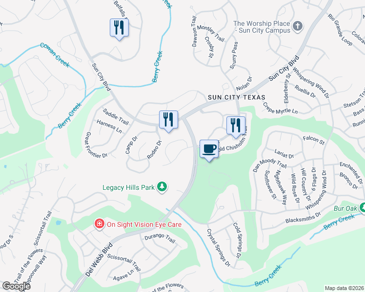 map of restaurants, bars, coffee shops, grocery stores, and more near 107 Larkspur Lane in Georgetown
