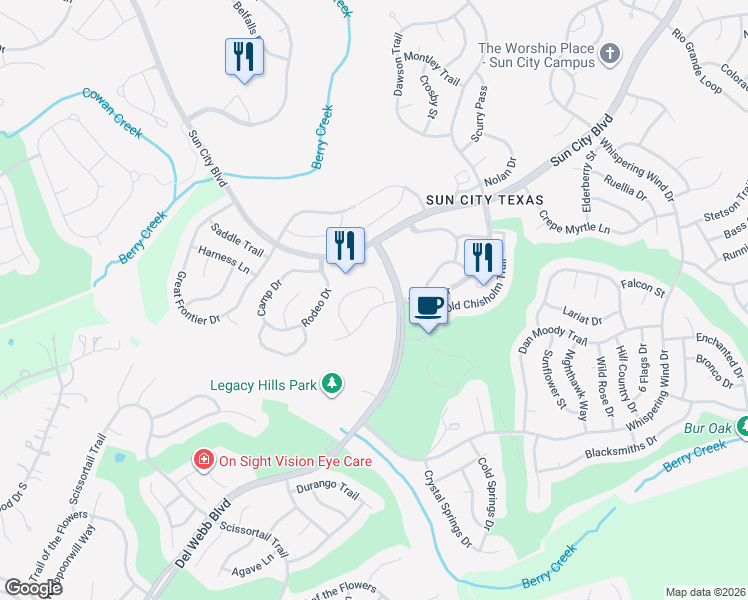 map of restaurants, bars, coffee shops, grocery stores, and more near 107 Larkspur Lane in Georgetown