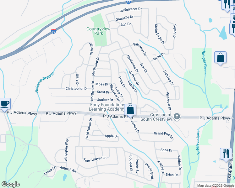 map of restaurants, bars, coffee shops, grocery stores, and more near 108 Loop Drive in Crestview