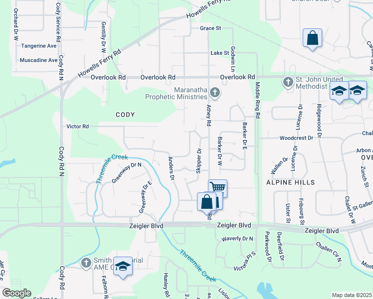 map of restaurants, bars, coffee shops, grocery stores, and more near 1255 Devander Drive East in Mobile