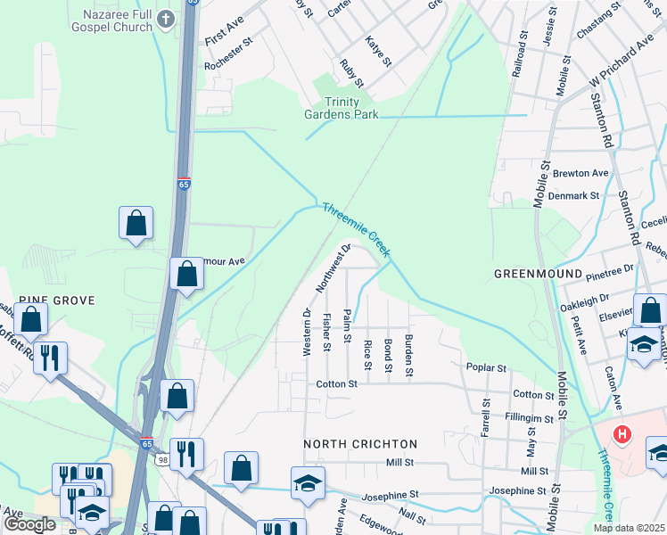 map of restaurants, bars, coffee shops, grocery stores, and more near 3048 Fennel Street in Mobile