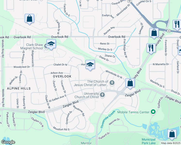 map of restaurants, bars, coffee shops, grocery stores, and more near 5750 Summit Avenue in Mobile