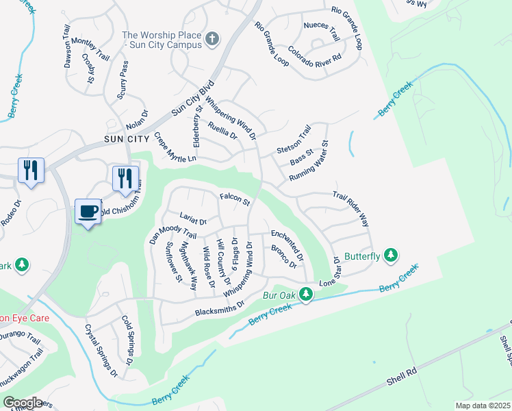 map of restaurants, bars, coffee shops, grocery stores, and more near 231 Whispering Wind Drive in Georgetown