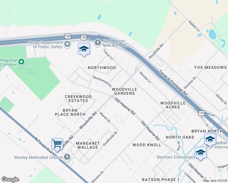 map of restaurants, bars, coffee shops, grocery stores, and more near 3003 Woodville Road in Bryan