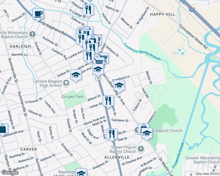 map of restaurants, bars, coffee shops, grocery stores, and more near 2019 Doctor Martin Luther King Junior Avenue in Mobile