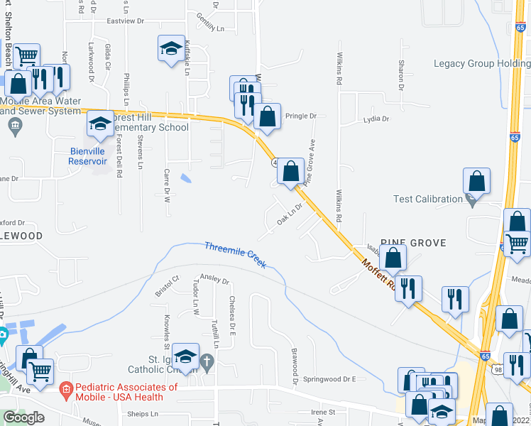 map of restaurants, bars, coffee shops, grocery stores, and more near 1208 Oak Lane Circle West in Mobile