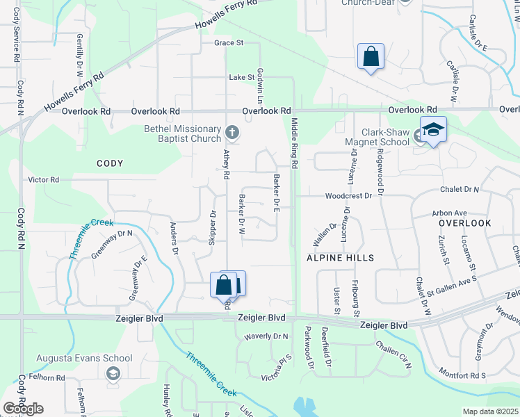 map of restaurants, bars, coffee shops, grocery stores, and more near 6457 Stuardi Court in Mobile