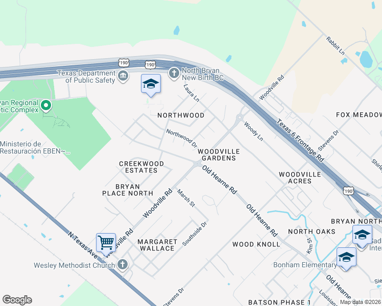 map of restaurants, bars, coffee shops, grocery stores, and more near 4404 Old Hearne Road in Bryan
