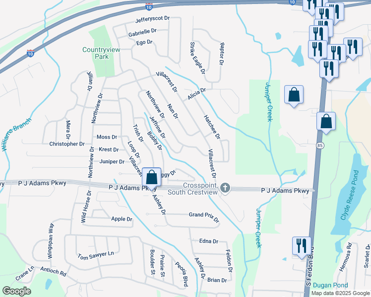 map of restaurants, bars, coffee shops, grocery stores, and more near 1243 Northview Drive in Crestview