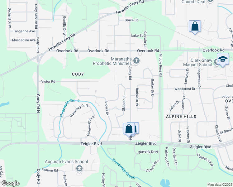 map of restaurants, bars, coffee shops, grocery stores, and more near 1259 Devander Drive East in Mobile