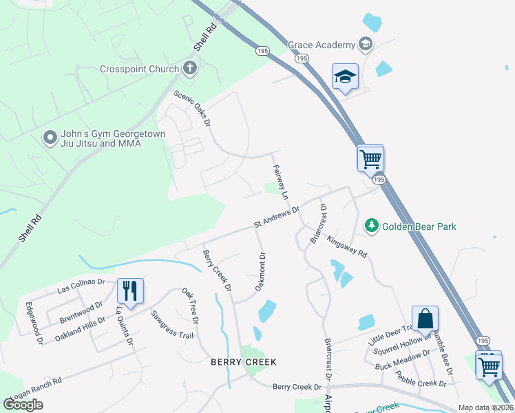 map of restaurants, bars, coffee shops, grocery stores, and more near 150 Fairway Lane in Georgetown