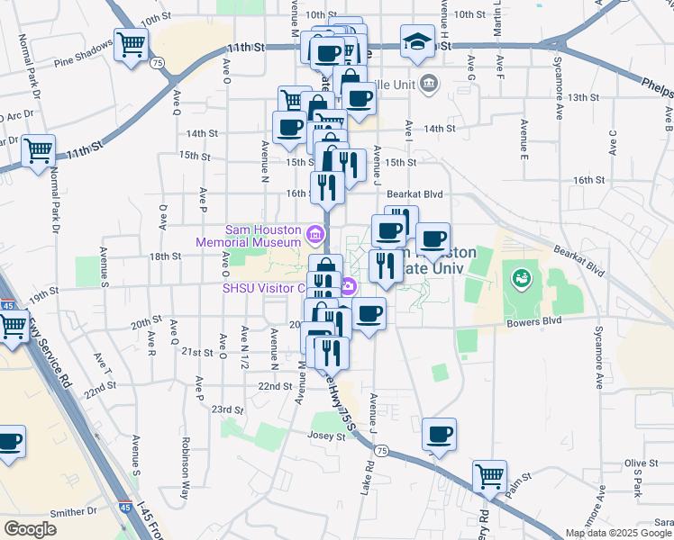 map of restaurants, bars, coffee shops, grocery stores, and more near 1863 South State Highway 75 in Huntsville