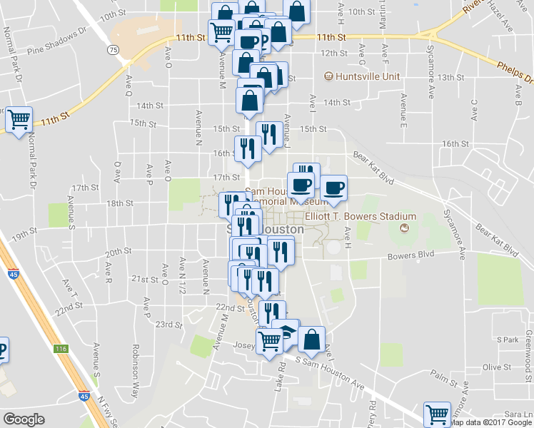 map of restaurants, bars, coffee shops, grocery stores, and more near in Huntsville