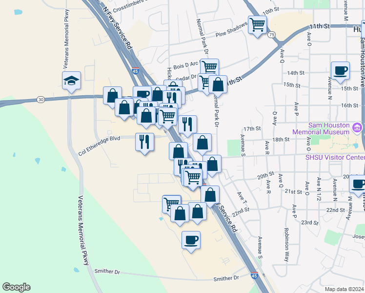 map of restaurants, bars, coffee shops, grocery stores, and more near 630 Interstate 45 in Huntsville