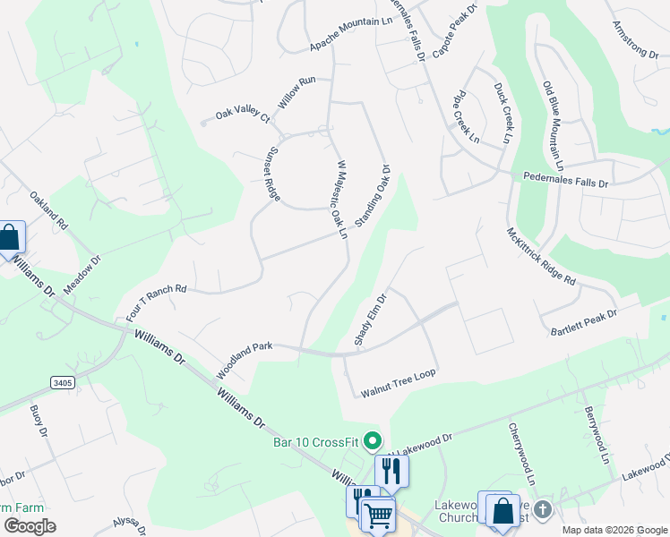 map of restaurants, bars, coffee shops, grocery stores, and more near 202 West Majestic Oak Lane in Georgetown