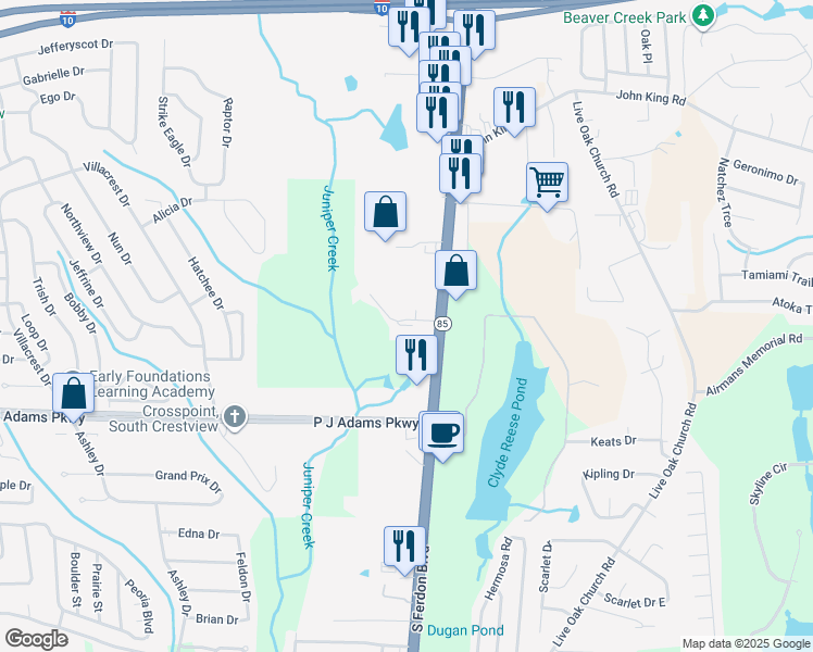 map of restaurants, bars, coffee shops, grocery stores, and more near 4840 South Ferdon Boulevard in Crestview