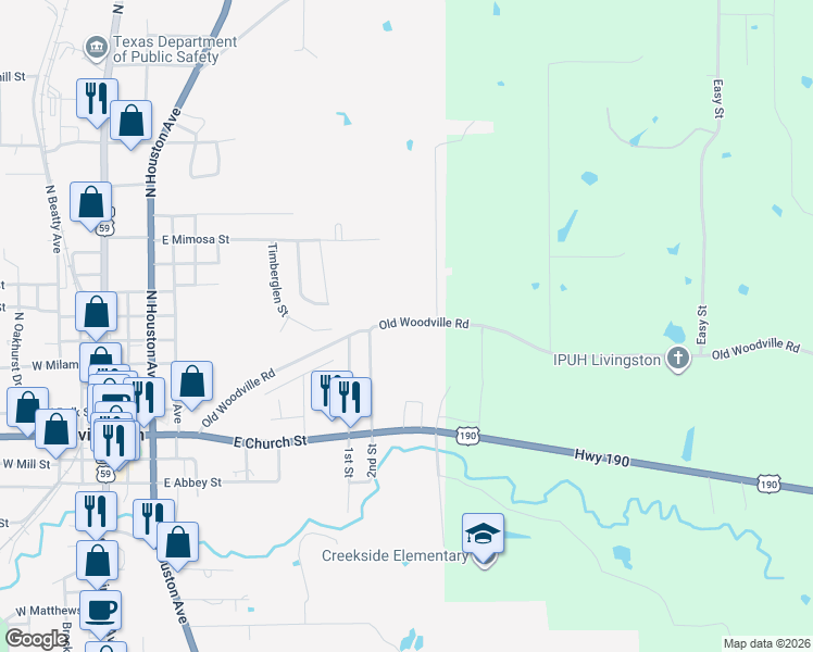 map of restaurants, bars, coffee shops, grocery stores, and more near 1312 Old Woodville Road in Livingston