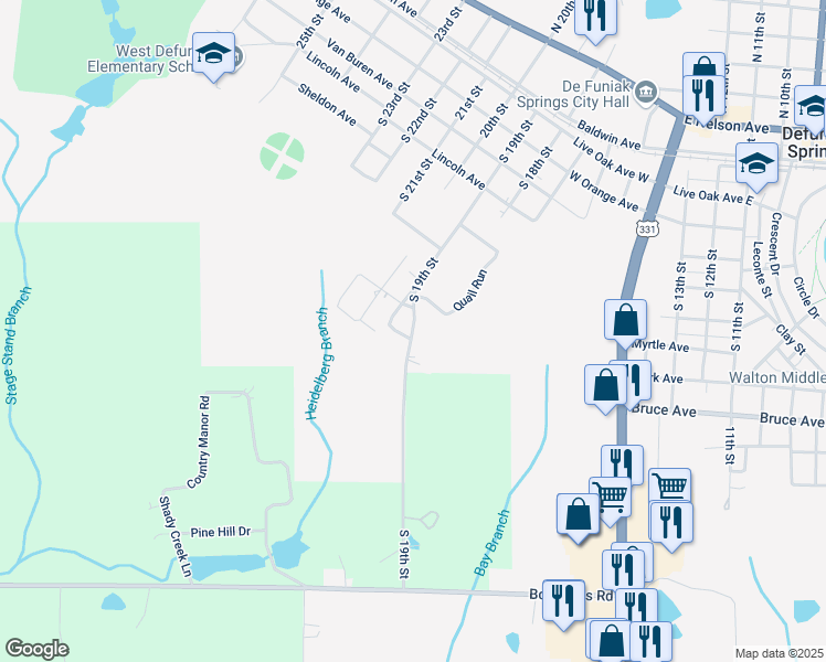 map of restaurants, bars, coffee shops, grocery stores, and more near South 19th Street in DeFuniak Springs