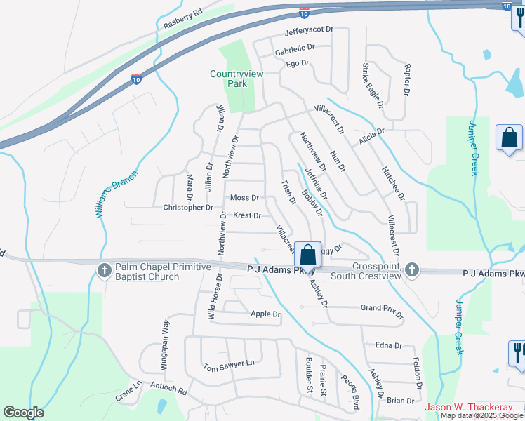 map of restaurants, bars, coffee shops, grocery stores, and more near 500 Krest Drive in Crestview