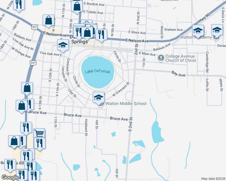 map of restaurants, bars, coffee shops, grocery stores, and more near 580 Circle Drive in DeFuniak Springs