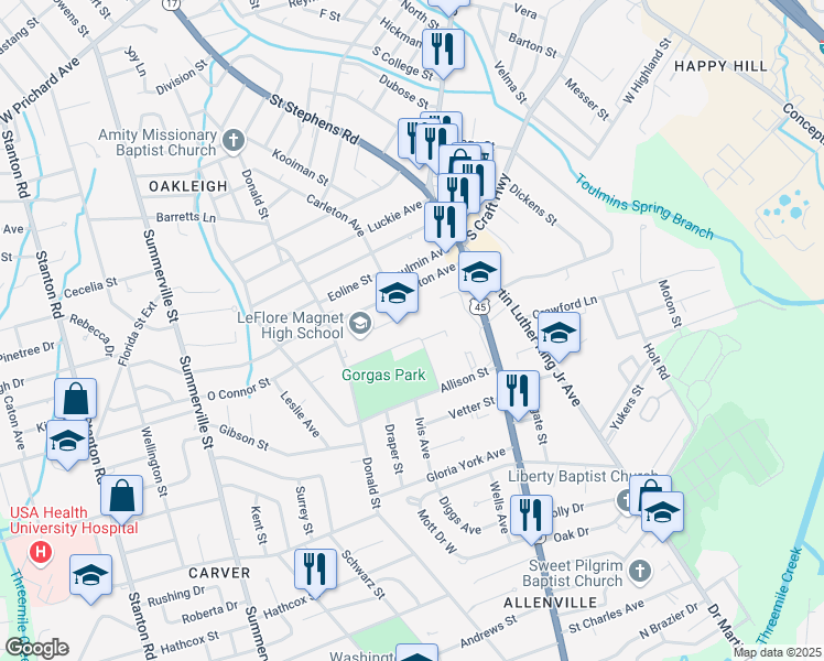map of restaurants, bars, coffee shops, grocery stores, and more near 2263 Saint Stephens Road in Mobile