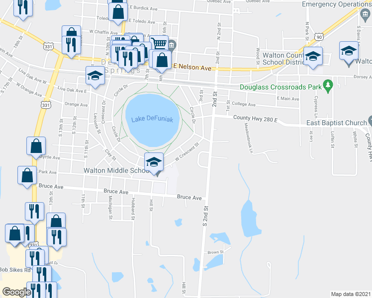 map of restaurants, bars, coffee shops, grocery stores, and more near 580 Circle Drive in DeFuniak Springs