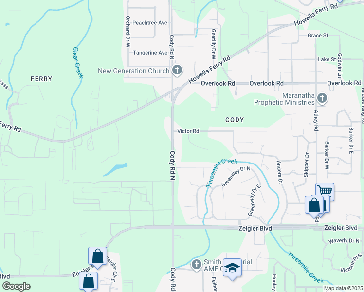 map of restaurants, bars, coffee shops, grocery stores, and more near 1258 Cody Road North in Mobile