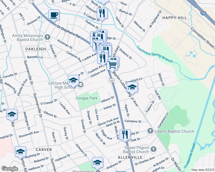 map of restaurants, bars, coffee shops, grocery stores, and more near 2263 Saint Stephens Road in Mobile
