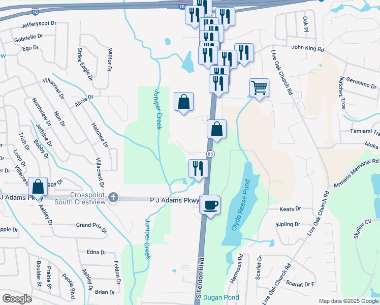 map of restaurants, bars, coffee shops, grocery stores, and more near 214 Riverwood Drive in Crestview