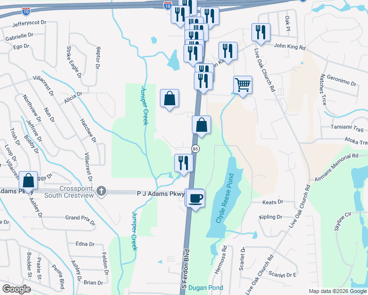 map of restaurants, bars, coffee shops, grocery stores, and more near 103 Riverwood Drive in Crestview