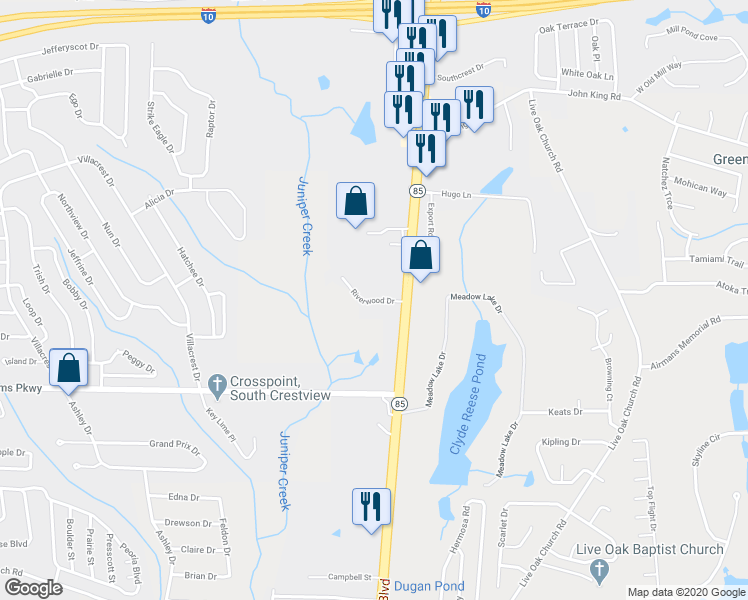 map of restaurants, bars, coffee shops, grocery stores, and more near 234 Riverwood Drive in Crestview