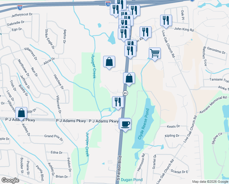 map of restaurants, bars, coffee shops, grocery stores, and more near 236 Riverwood Drive in Crestview