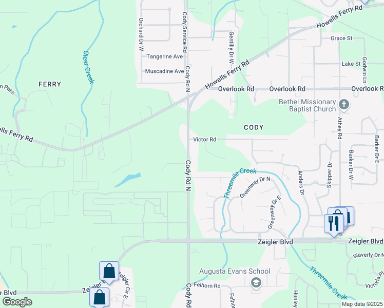 map of restaurants, bars, coffee shops, grocery stores, and more near 1258 Cody Road North in Mobile