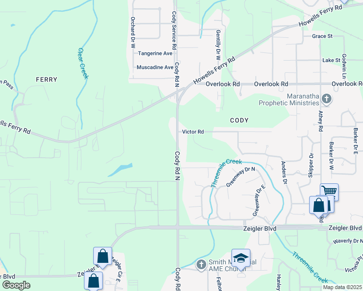 map of restaurants, bars, coffee shops, grocery stores, and more near 1258 Cody Road North in Mobile