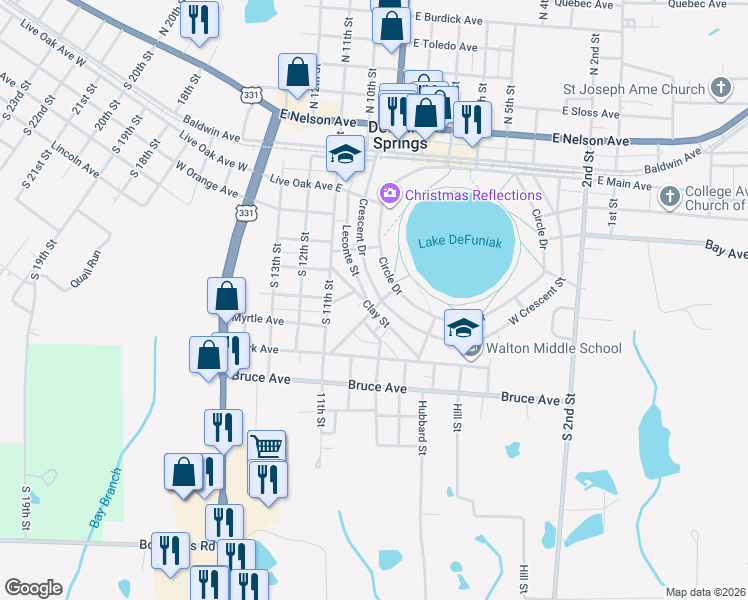 map of restaurants, bars, coffee shops, grocery stores, and more near 334 Crescent Drive in DeFuniak Springs