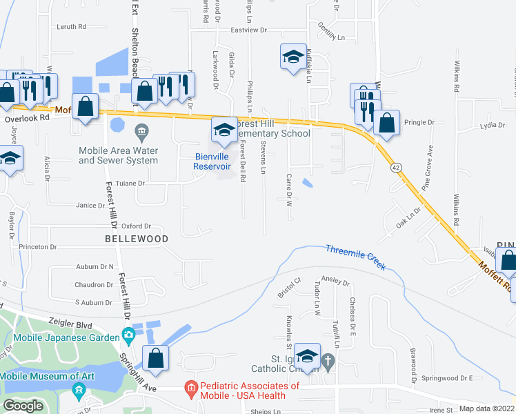 map of restaurants, bars, coffee shops, grocery stores, and more near 1200 Stevens Lane in Mobile