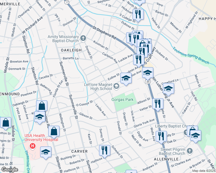map of restaurants, bars, coffee shops, grocery stores, and more near 700 Donald Street in Mobile