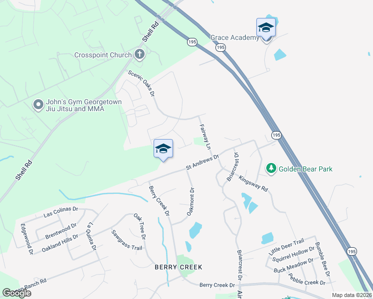 map of restaurants, bars, coffee shops, grocery stores, and more near 150 Fairway Lane in Georgetown