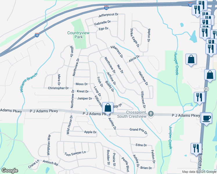 map of restaurants, bars, coffee shops, grocery stores, and more near 413 Bobby Drive in Crestview