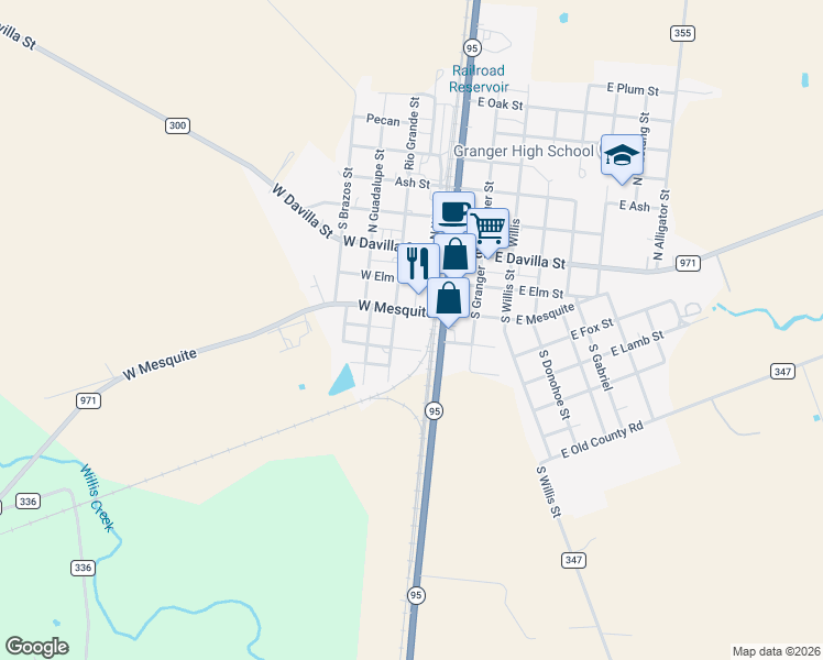 map of restaurants, bars, coffee shops, grocery stores, and more near 103 West Mesquite in Granger