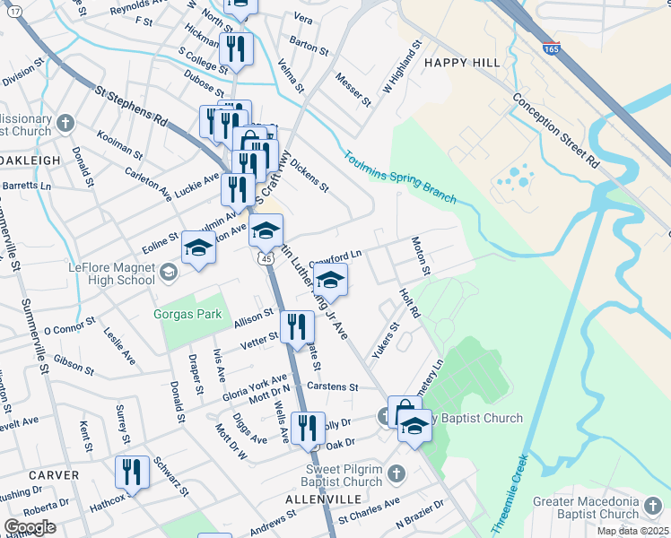 map of restaurants, bars, coffee shops, grocery stores, and more near 301 Avondale Court in Mobile
