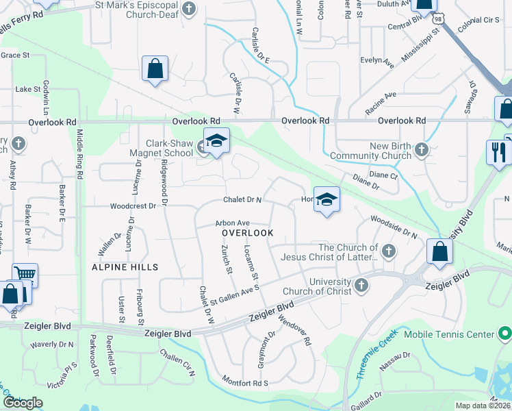 map of restaurants, bars, coffee shops, grocery stores, and more near 5858 N Chalet Dr in Mobile