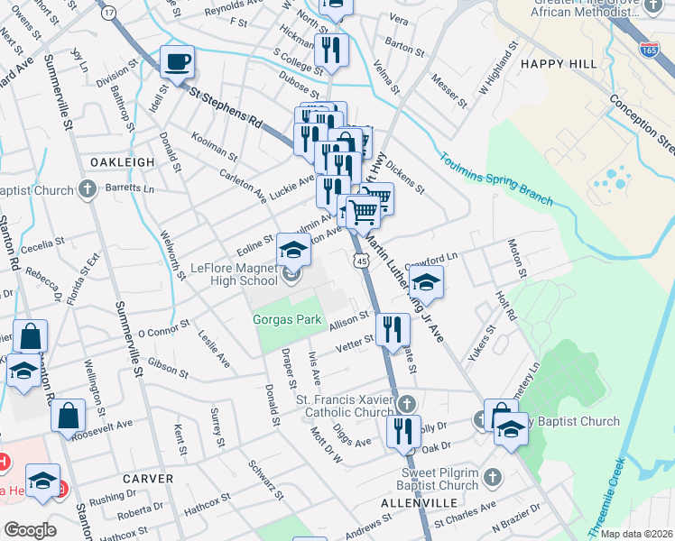 map of restaurants, bars, coffee shops, grocery stores, and more near 2263 Saint Stephens Road in Mobile